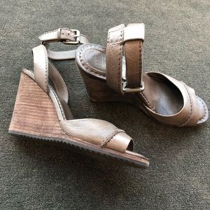 Frye wedges. Gray leather and wooden heel. Size 6.